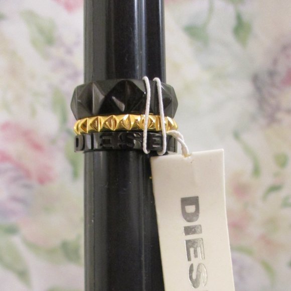 DIESEL Black Gold Stack Rings Unisex~Vintage NOS Industrial Size 6.5 Stack Rings - Picture 5 of 14